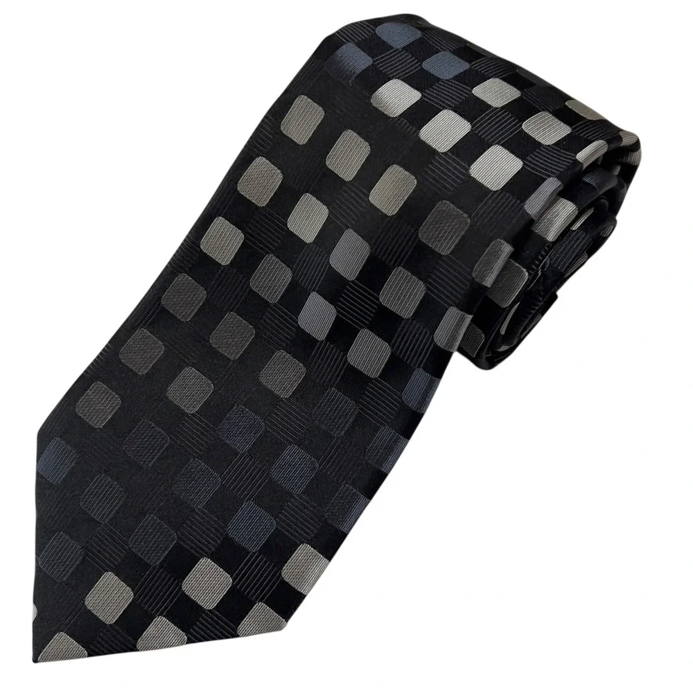 Sean John Necktie Black Gray Shadow Geometric Grid Pattern‎ 100% Silk Designer